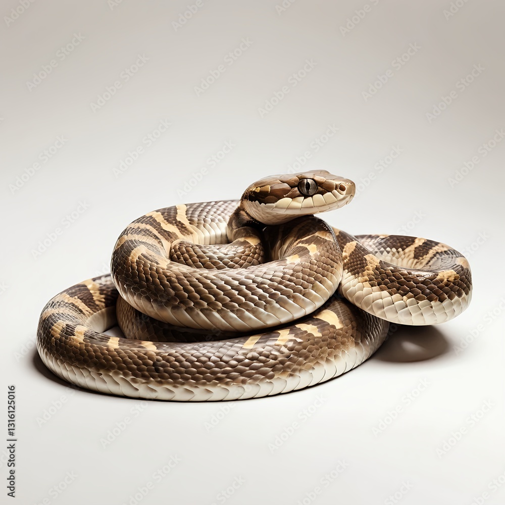 Fototapeta premium Coiled Brown and Tan Snake on White Background