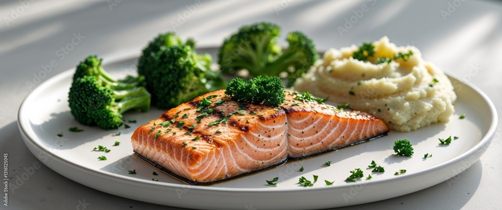Fresh Grilled Salmon with Mashed Potatoes and Broccoli on Plate