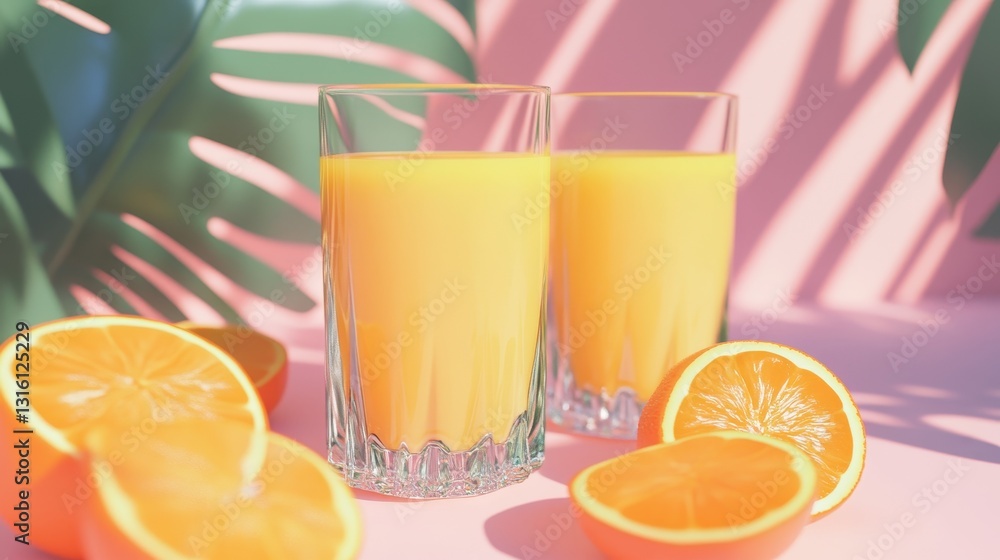 Fototapeta premium Refreshing Orange Juice in Glasses with Fresh Citrus Fruits Decor