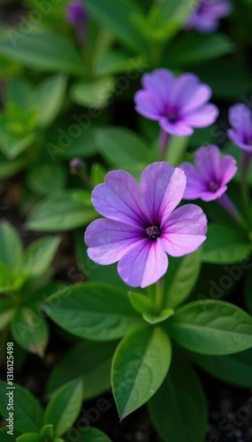 Violet-colored blooms on a low-growing groundcover with toothed foliage, primrose,