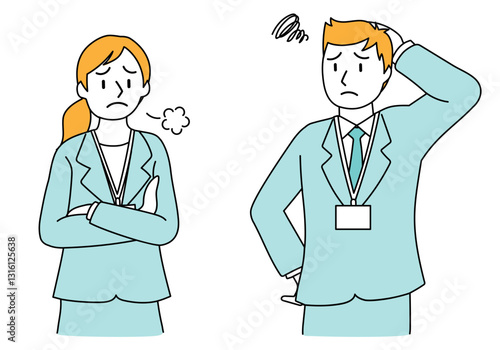 シンプルな線画のスーツで働く若い男性と女性-困る、悩む