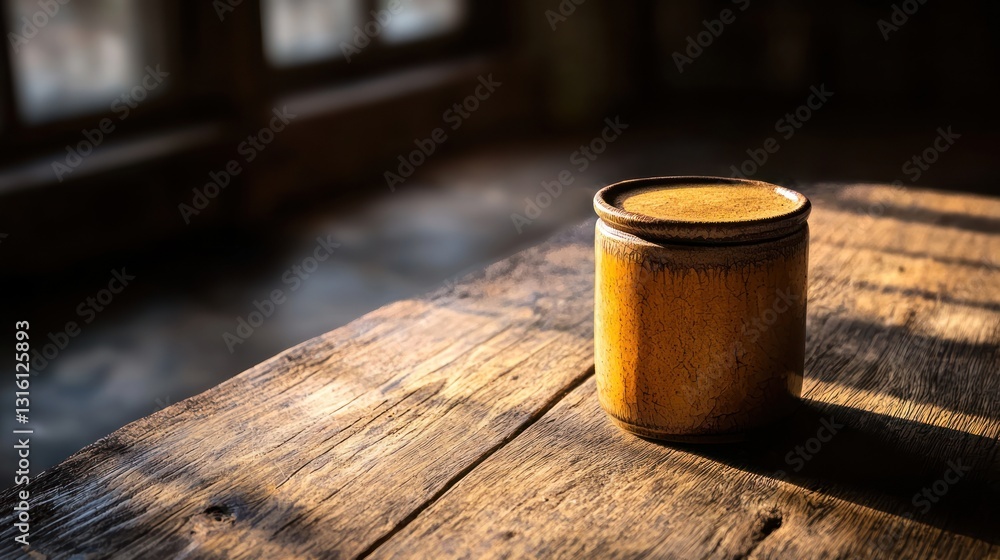 Sunlit bamboo container on rustic wooden table. Sunlit bamboo container on rustic wooden table.