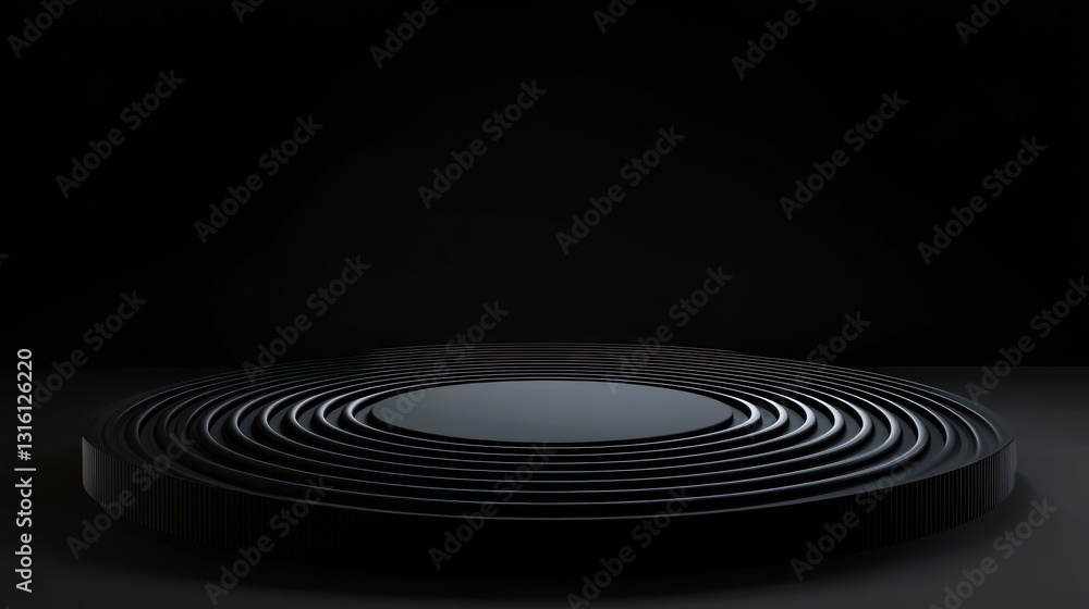 Dark circular platform with concentric rings, minimalist black background, product display. Dark circular platform with concentric rings, minimalist black background, product display.