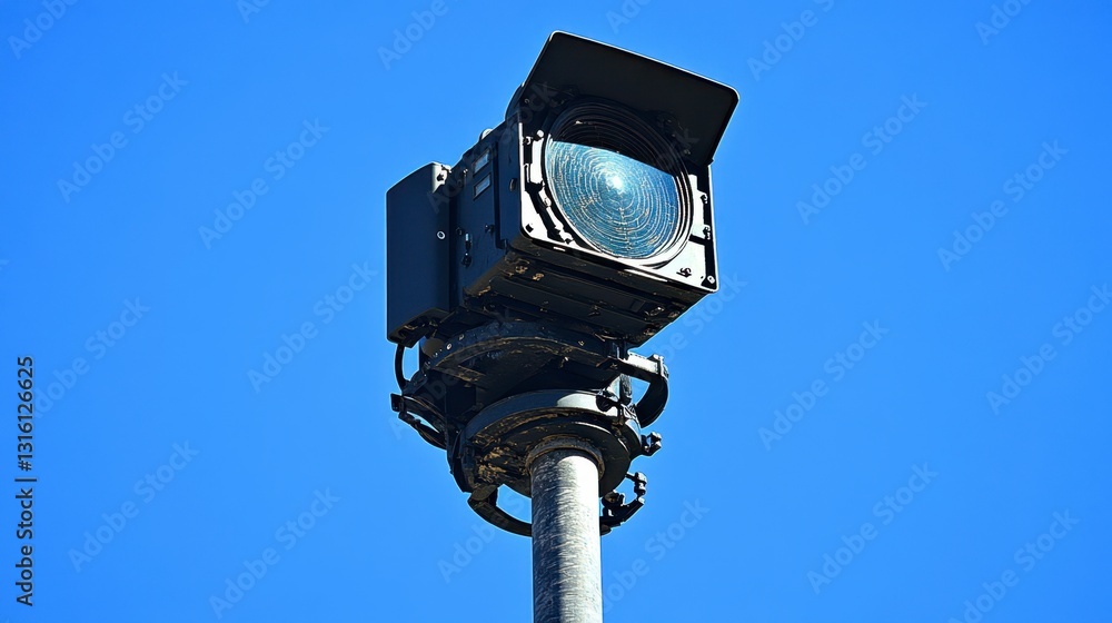 Low angle view of a metallic gray security camera mounted on a weathered metal pole against a clear blue sky. The camera lens is visible and appears to be made of transparent material.