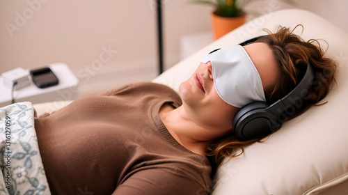 Patient relaxing in a comfortable chair, wearing headphones and an eye mask, during a ketamine therapy session