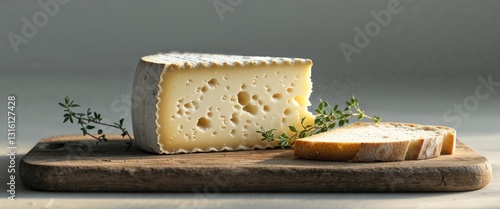 Sliced cheese and bread with thyme on wooden cutting board photo