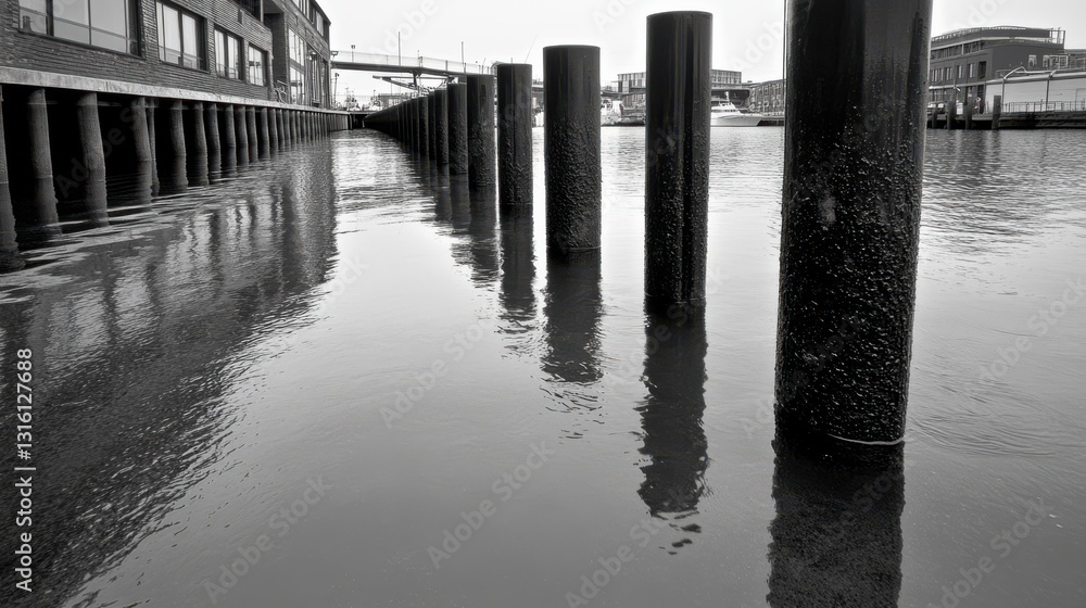 Obraz premium Black and white perspective of a row of weathered posts leading into a calm, reflective waterway.