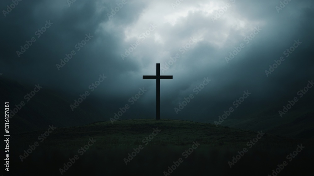 Naklejka premium Good friday blessings, Dark silhouette of a cross, moody and atmospheric setting, highlighting themes of faith and reflection, with space for text.