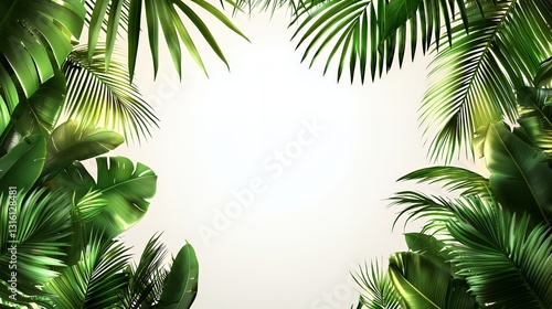Lush Green Tropical Leaves Frame on White Background