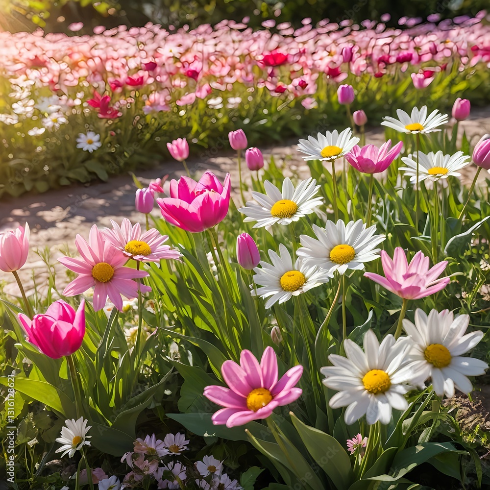 Springtime Garden Path with Pink Tulips and Daisies Springtime Garden Path with Pink Tulips and Daisies