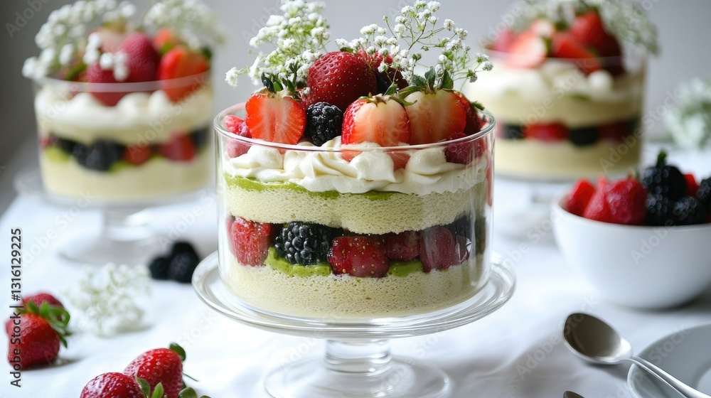 Close-up of matcha and strawberry trifle in a glass jar, layered with lime sponge cake, matcha mascarpone cream, and fresh berries. White table setting. Close-up of matcha and strawberry trifle in a glass jar, layered with lime sponge cake, matcha mascarpone cream, and fresh berries. White table setting.