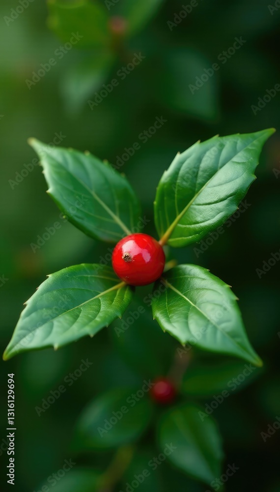Evergreen foliage surrounds a solitary holly berry, plant, holly Evergreen foliage surrounds a solitary holly berry, plant, holly