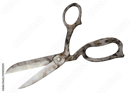 Watercolor illustration of a pair of vintage, antique scissors. Suitable for crafts, DIY and handmade business designs, greeting cards, blog illustrations.