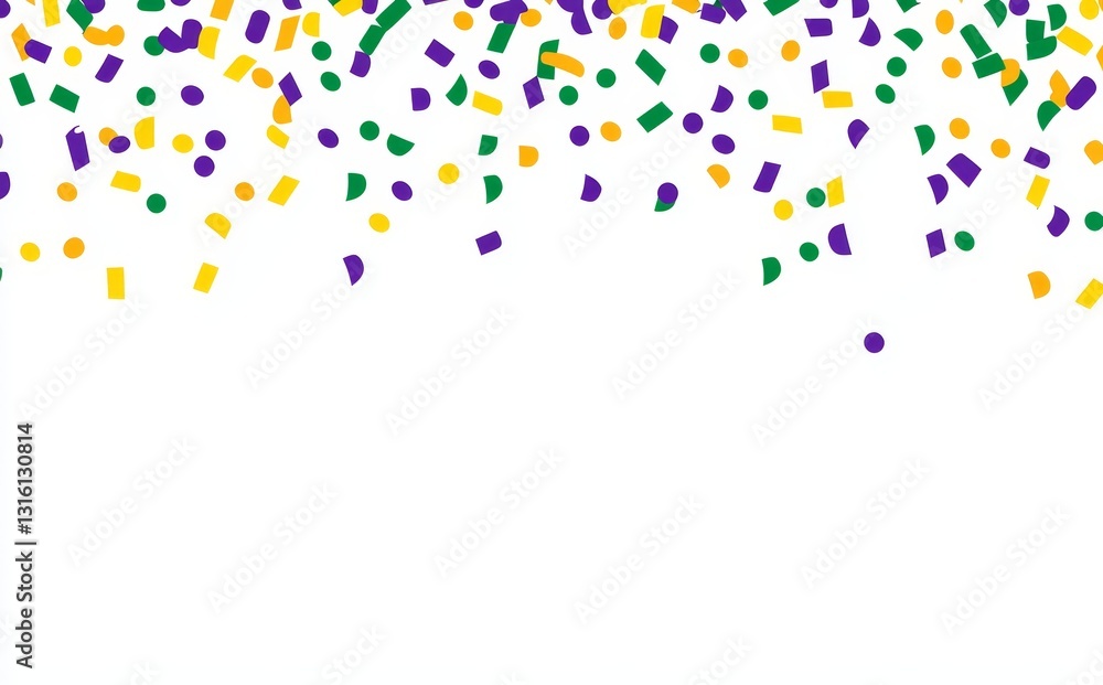 Isolated on white, this modern confetti background features a colorful array of circles, dots, and beads in purple and green, falling and swirling, suitable for use as a backdrop, border, or Isolated on white, this modern confetti background features a colorful array of circles, dots, and beads in purple and green, falling and swirling, suitable for use as a backdrop, border, or