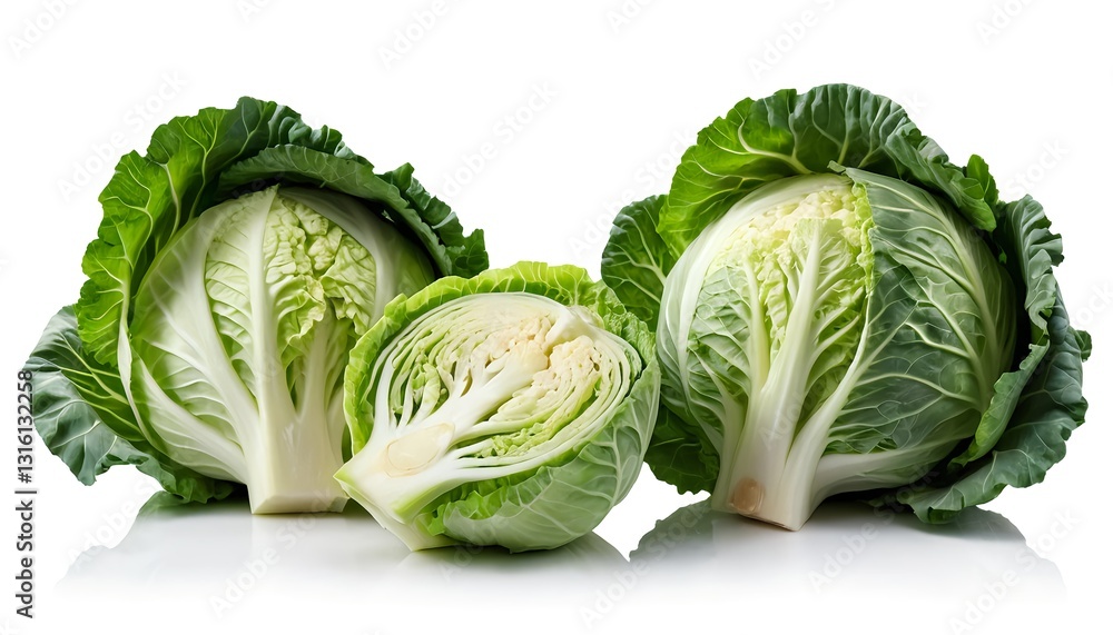 Fototapeta premium Fresh Napa Cabbage Heads, One Cut Open, Isolated on White