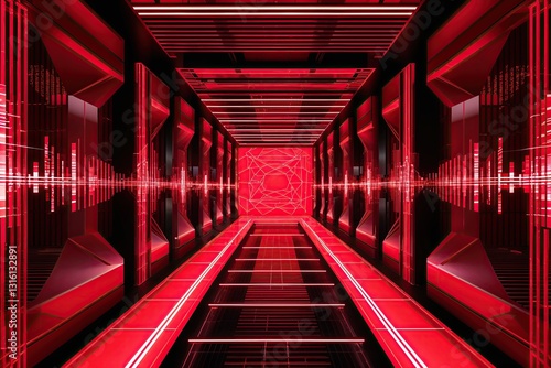 Futuristic Red Matrix Background Featuring Geometric Patterns and Advanced Technology Design