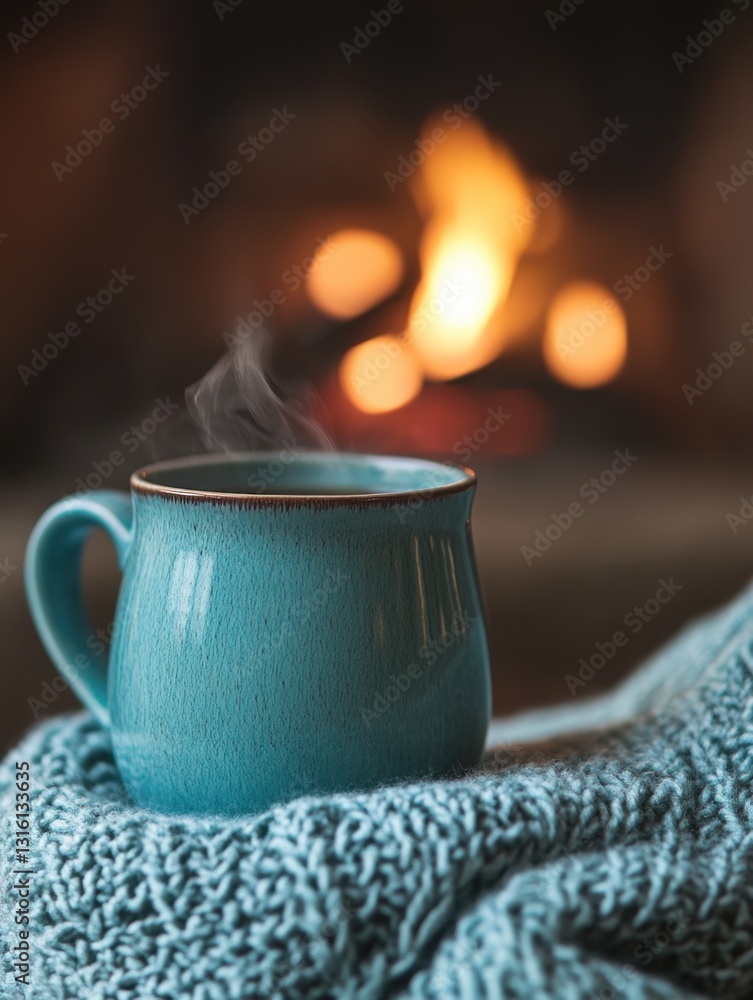Cozy teal mug steaming with warmth by a blurred fireplace on a soft knit blanket creating a serene and inviting atmosphere perfect for relaxation Cozy teal mug steaming with warmth by a blurred fireplace on a soft knit blanket creating a serene and inviting atmosphere perfect for relaxation