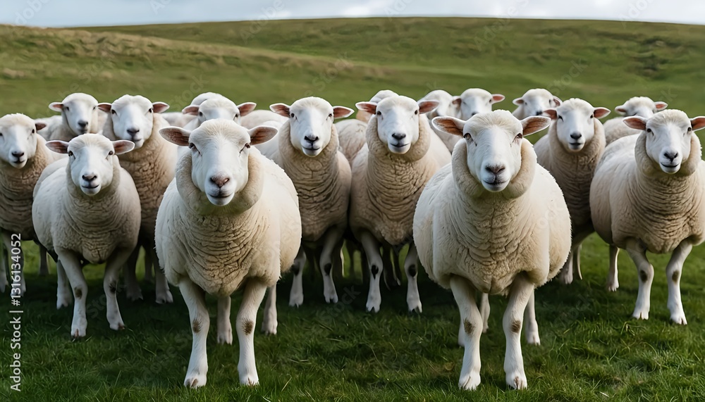 Fototapeta premium Flock of Sheep in Green Pasture