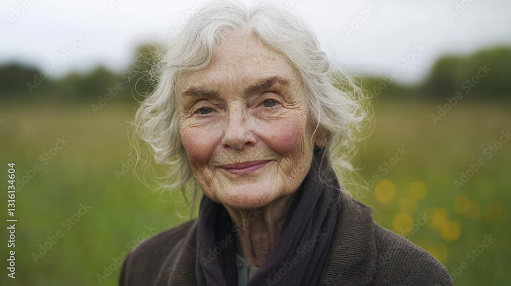 Smiling elderly woman outdoors in a field. Smiling elderly woman outdoors in a field.
