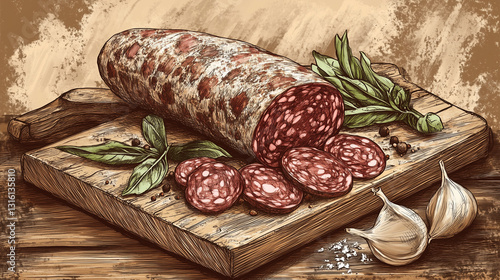 Hand-drawn vintage-style illustration of lukanka on a wooden board, detailed with cross-hatching to capture the authentic look and rustic nature of traditional Bulgarian charcuterie photo