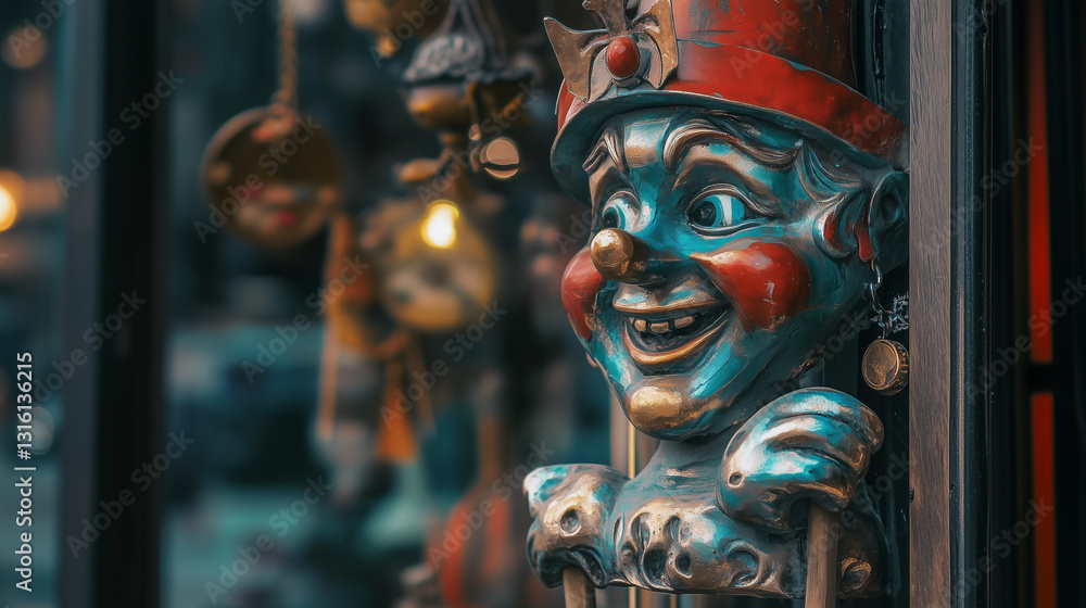 Fototapeta premium Vintage clown doll in antique shop window with nostalgic atmosphere