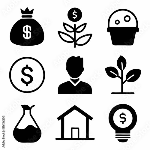 Set of 9 icon investment, silhouette collection Vector art illustration. ecology icons set vector