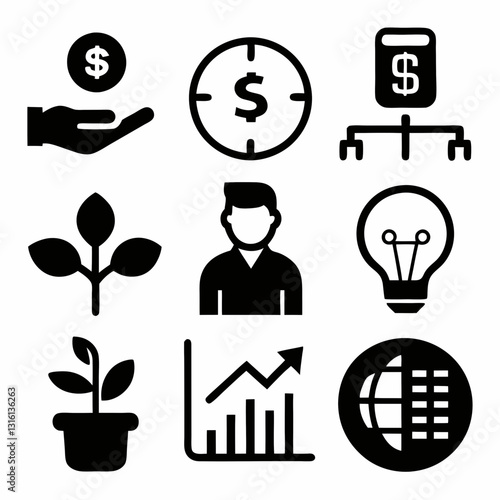 Set of 9 icon investment, silhouette collection Vector art illustration. set of icons with money