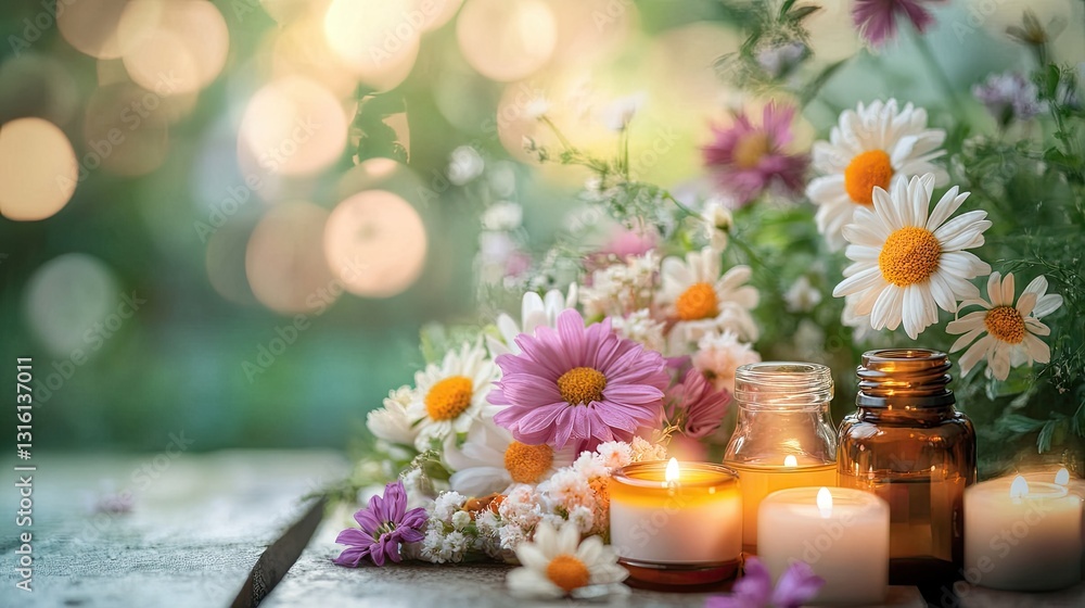 Fresh flowers, candles, and oils arranged neatly, with a blurred scene of a masseuse providing a foot massage in a calm spa atmosphere. Fresh flowers, candles, and oils arranged neatly, with a blurred scene of a masseuse providing a foot massage in a calm spa atmosphere.