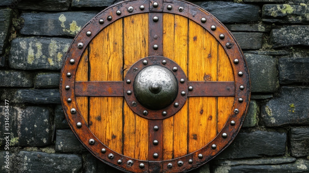 Naklejka premium Rustic Viking Shield on Stone Wall Background Ancient Warrior Defense Medieval History Protection Battle Gear Wood