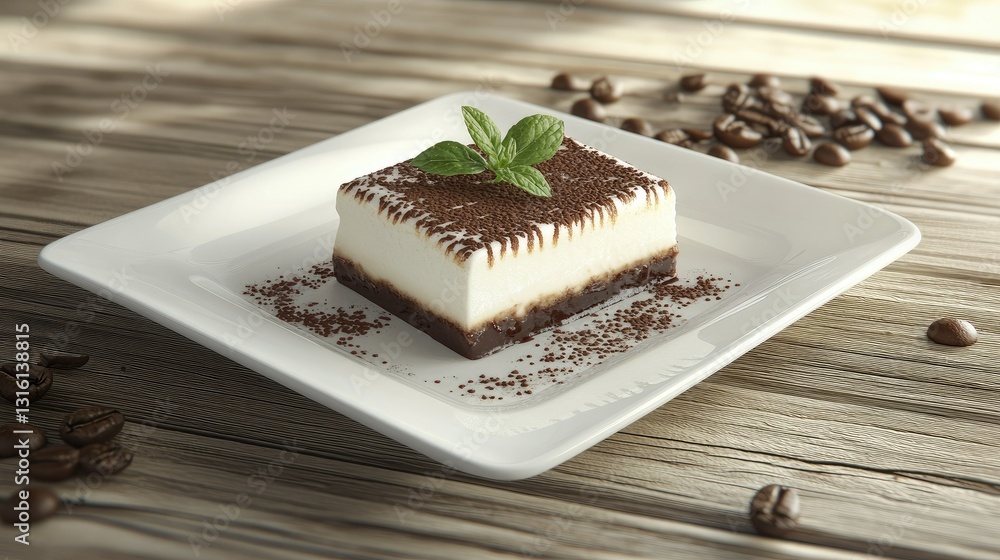 Gourmet tiramisu slice decorated with cocoa and mint, served on a white ceramic plate. Coffee beans on a rustic wooden background. Gourmet tiramisu slice decorated with cocoa and mint, served on a white ceramic plate. Coffee beans on a rustic wooden background.