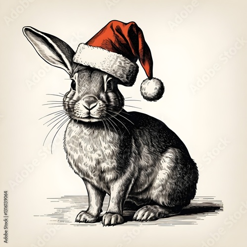 Rabbit in Santa Hat - Vintage Style Illustration