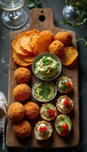 Wallpaper Mural Delicious assortment of savory snacks displayed on a rustic wooden board in natural lighting Torontodigital.ca