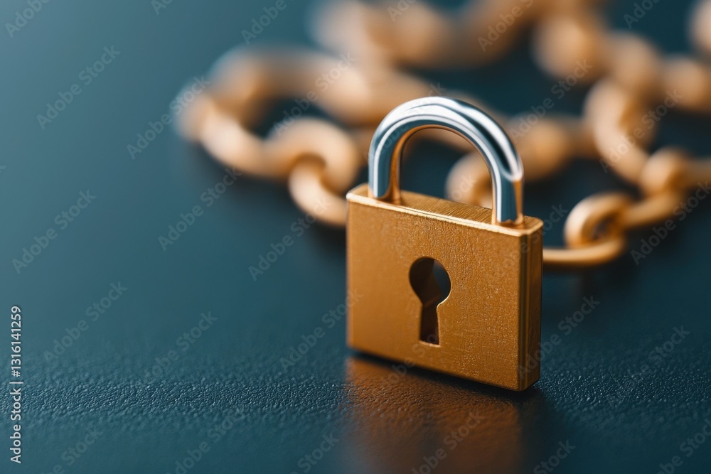 Naklejka premium A golden padlock on a chain against a dark background.