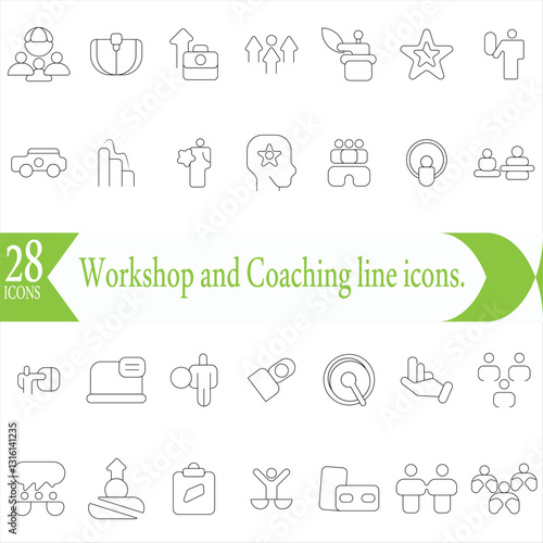 Workshop and Coaching line icons. Outline icon collection related to training, coaching, mentoring, education, meetings, conferences, and teamwork.