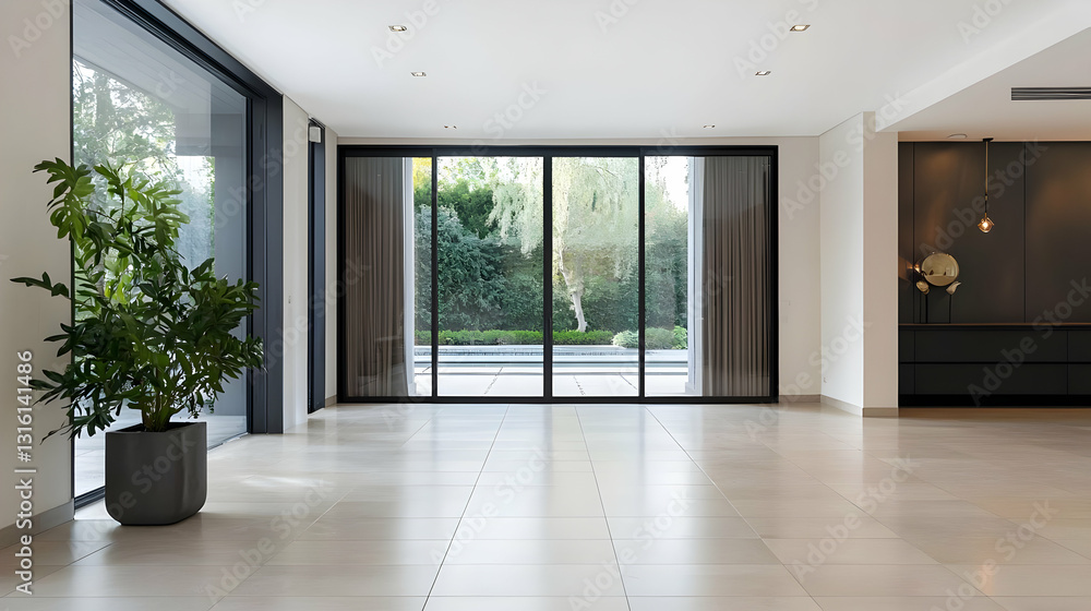 Bright Modern Living Room Interior With Large Glass Sliding Doors Leading To Green Garden View With Tile Floor And Potted Plant Bright Modern Living Room Interior With Large Glass Sliding Doors Leading To Green Garden View With Tile Floor And Potted Plant