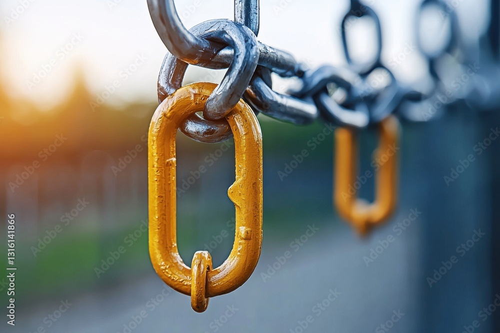 Close-up of linked chains with a focus on a yellow connector link. Close-up of linked chains with a focus on a yellow connector link.