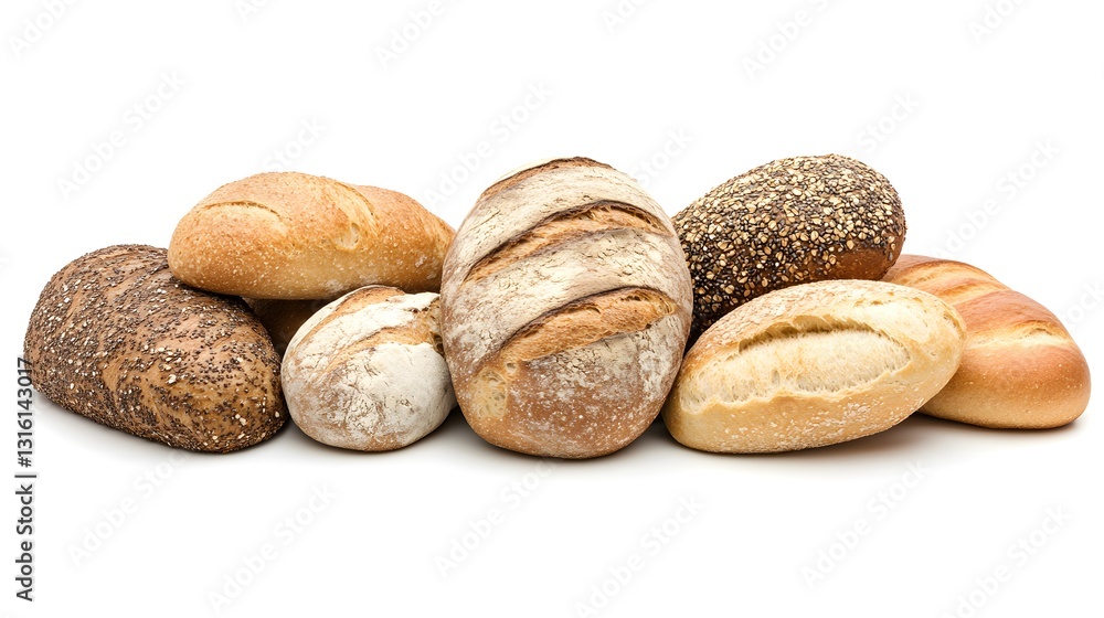 Assortment of Freshly Baked Artisan Bread Loaves on White Background - Various Types, Crusty & Delicious Assortment of Freshly Baked Artisan Bread Loaves on White Background - Various Types, Crusty & Delicious