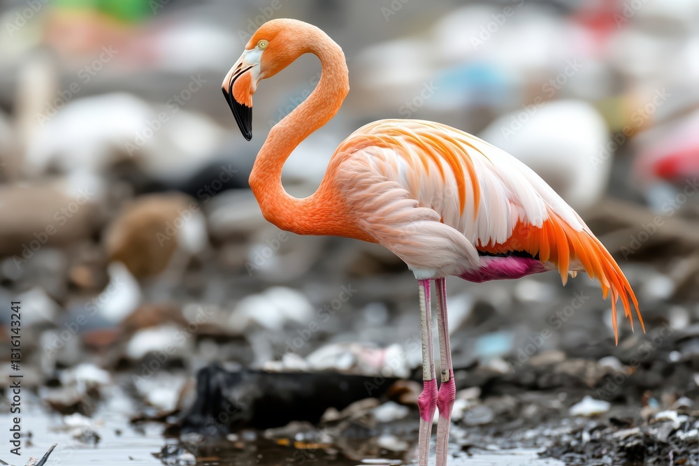 Fototapeta premium Flamingo Standing Gracefully in Polluted Wetland Surrounded by Debris and Waste Materials