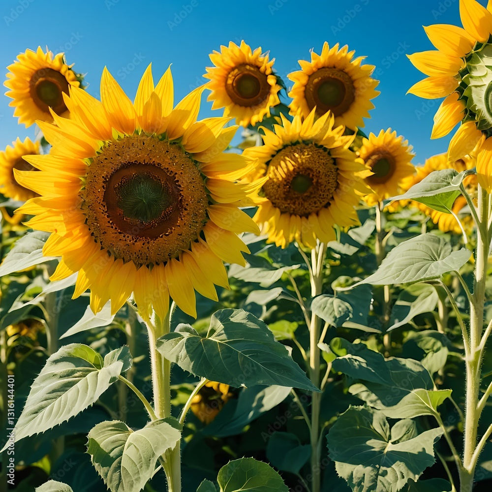Fototapeta premium Sunflowers in a Field under Blue Sky