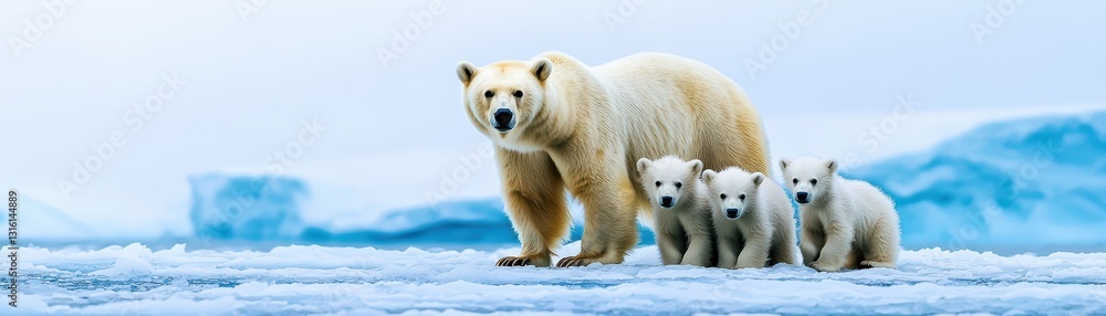 Fototapeta premium Polar bear mother with cubs on a shrinking glacier, depicting the effects of climate change