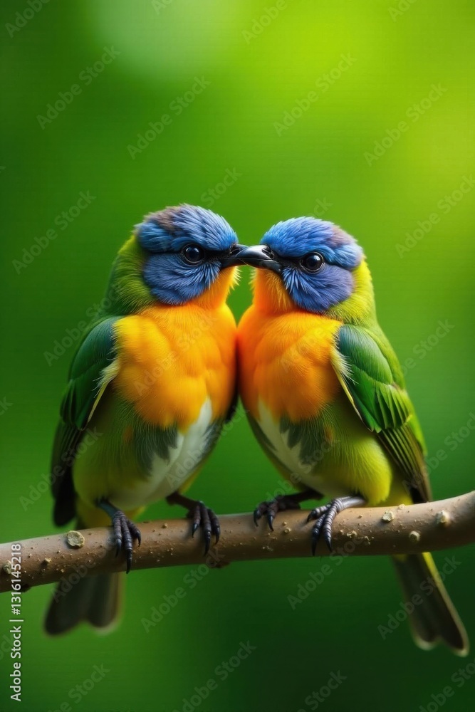 Obraz premium Close-up of two small birds cuddling, green nature blur, close-up, bokeh, animal
