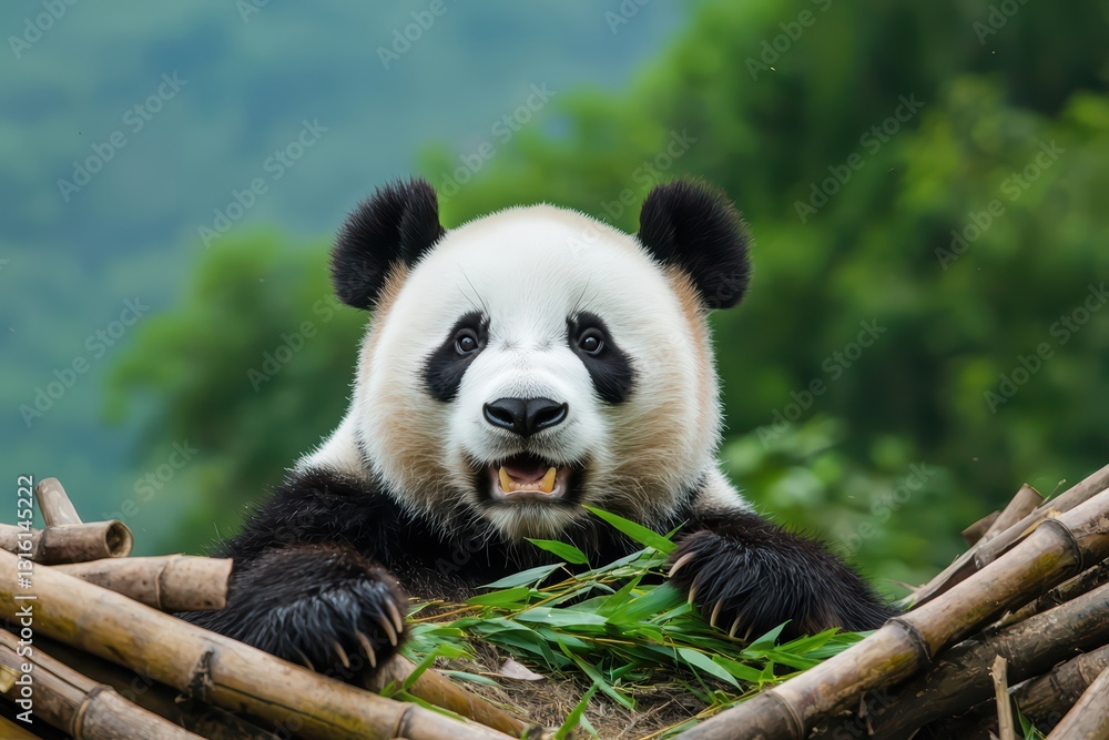 Fototapeta premium Panda Searching for Food in a Bamboo Forest After a Devastating Environmental Event
