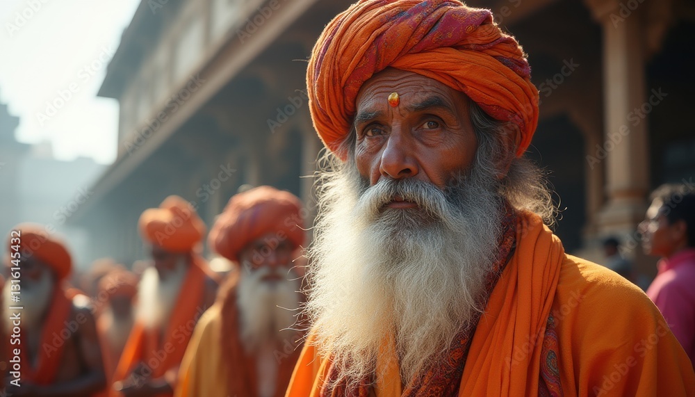 Obraz premium Elderly sage in vibrant orange attire captures tranquility amid a gathering of spiritual devotees in an ancient temple