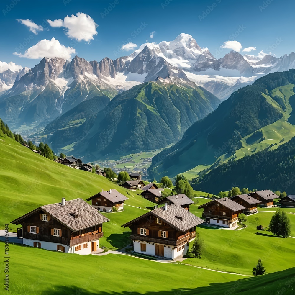 Obraz premium Alpine Village nestled in a Green Valley with Majestic Mountain Peaks