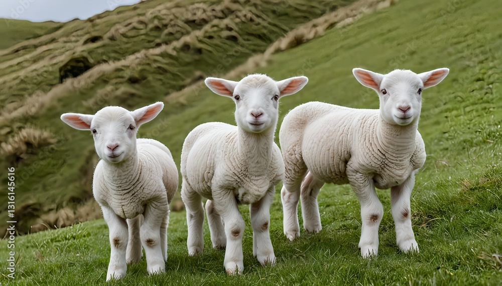 Three Adorable Lambs in a Green Pasture Three Adorable Lambs in a Green Pasture