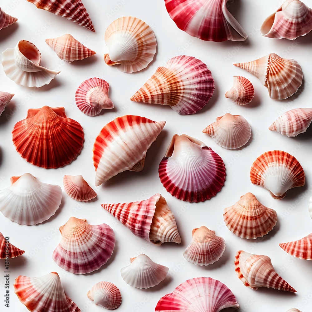 Collection of Pink and Red Seashells on White Background Collection of Pink and Red Seashells on White Background
