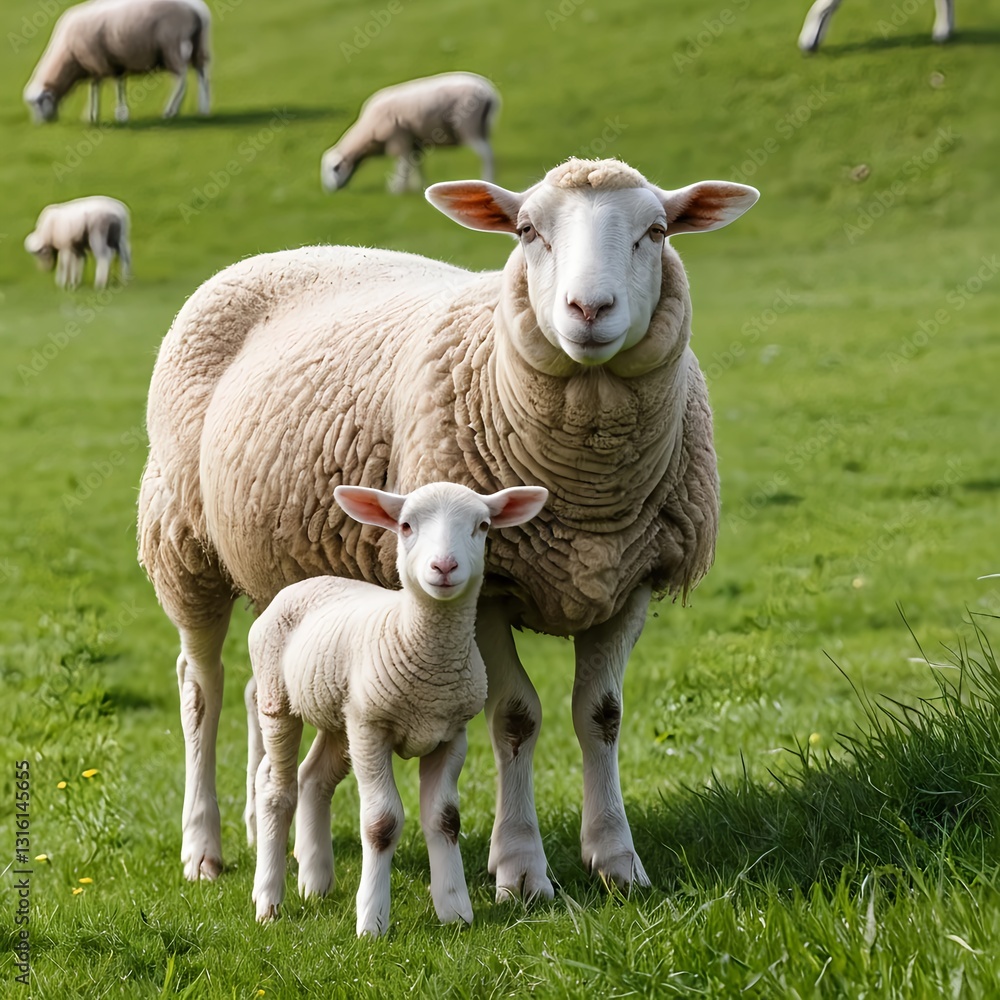 Mother Sheep and Lamb in Green Pasture Mother Sheep and Lamb in Green Pasture
