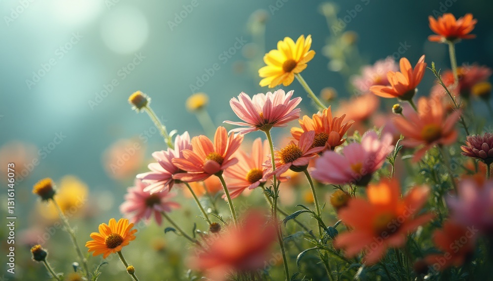 Vibrant bouquet of colorful flowers swaying gently in the morning light at a serene garden location Vibrant bouquet of colorful flowers swaying gently in the morning light at a serene garden location