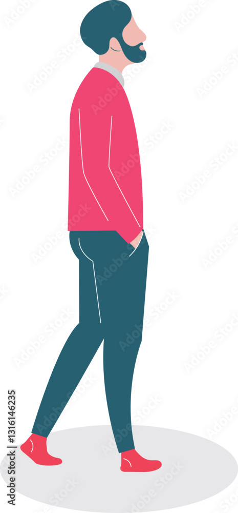 Man walking, pink sweater, teal pants, white background, website illustration Man walking, pink sweater, teal pants, white background, website illustration