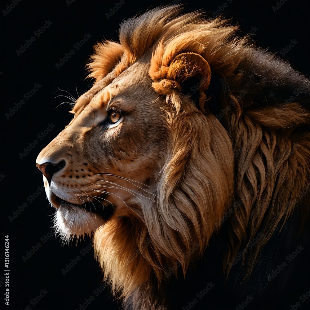 Naklejka premium Majestic Lion Profile Against Black Background